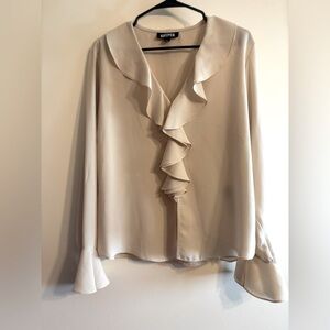 Kasper Tan Cream Bell Sleeve Ruffled Blouse